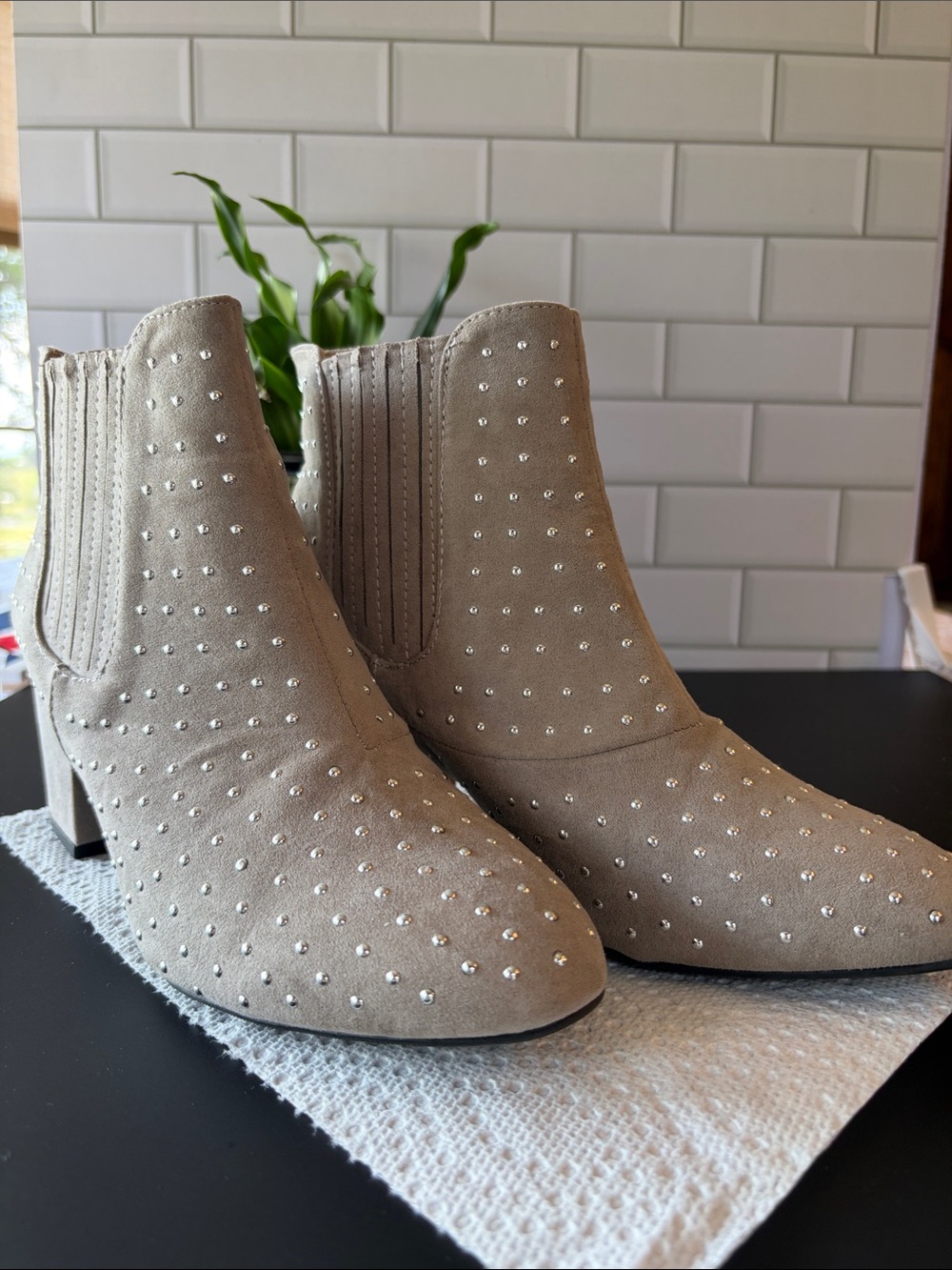 Studded Taupe Suede Ankle Boots - Women